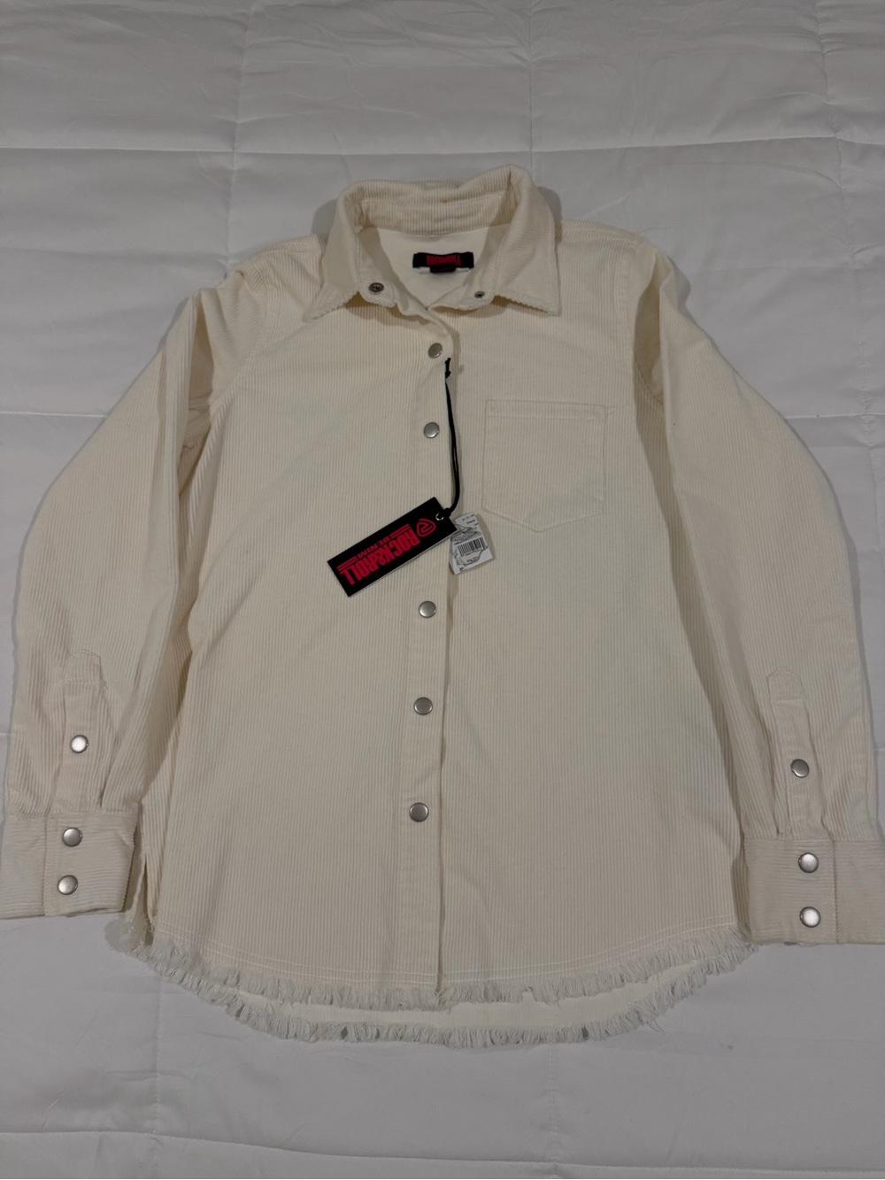 Men’s Rock & Roll Denim Cream Corduroy Button-Down Shirt Fringe Hem   M